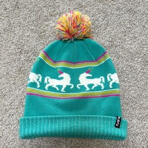 Kavu Blue and White Knit Hat with Colorful Pom-Pom